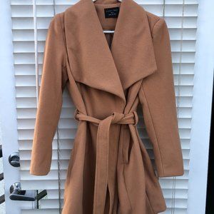 Tan Wool Blend Wrap Belted Longline Coat Jacket